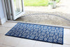Atlantic Mats RHS Bloom Collection Ocean blue patterned runner mat by a patio door